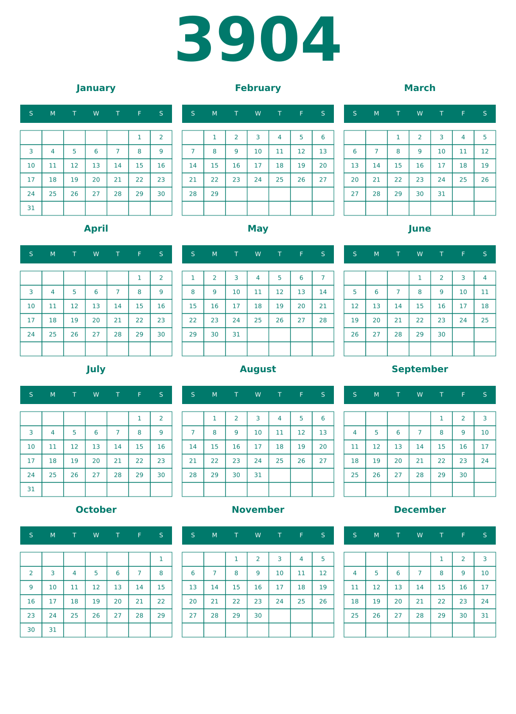 Printable 3904 Year Calendars pastel