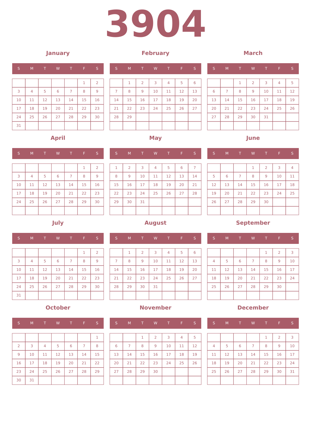 Printable 3904 Year Calendars puce