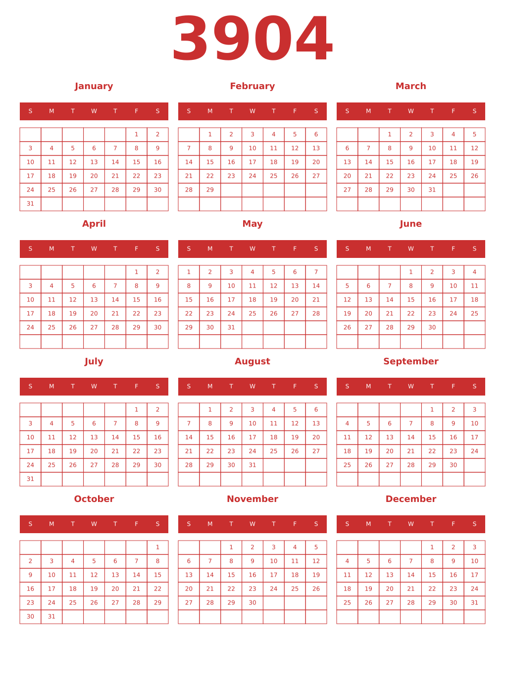 Printable 3904 Year Calendars red