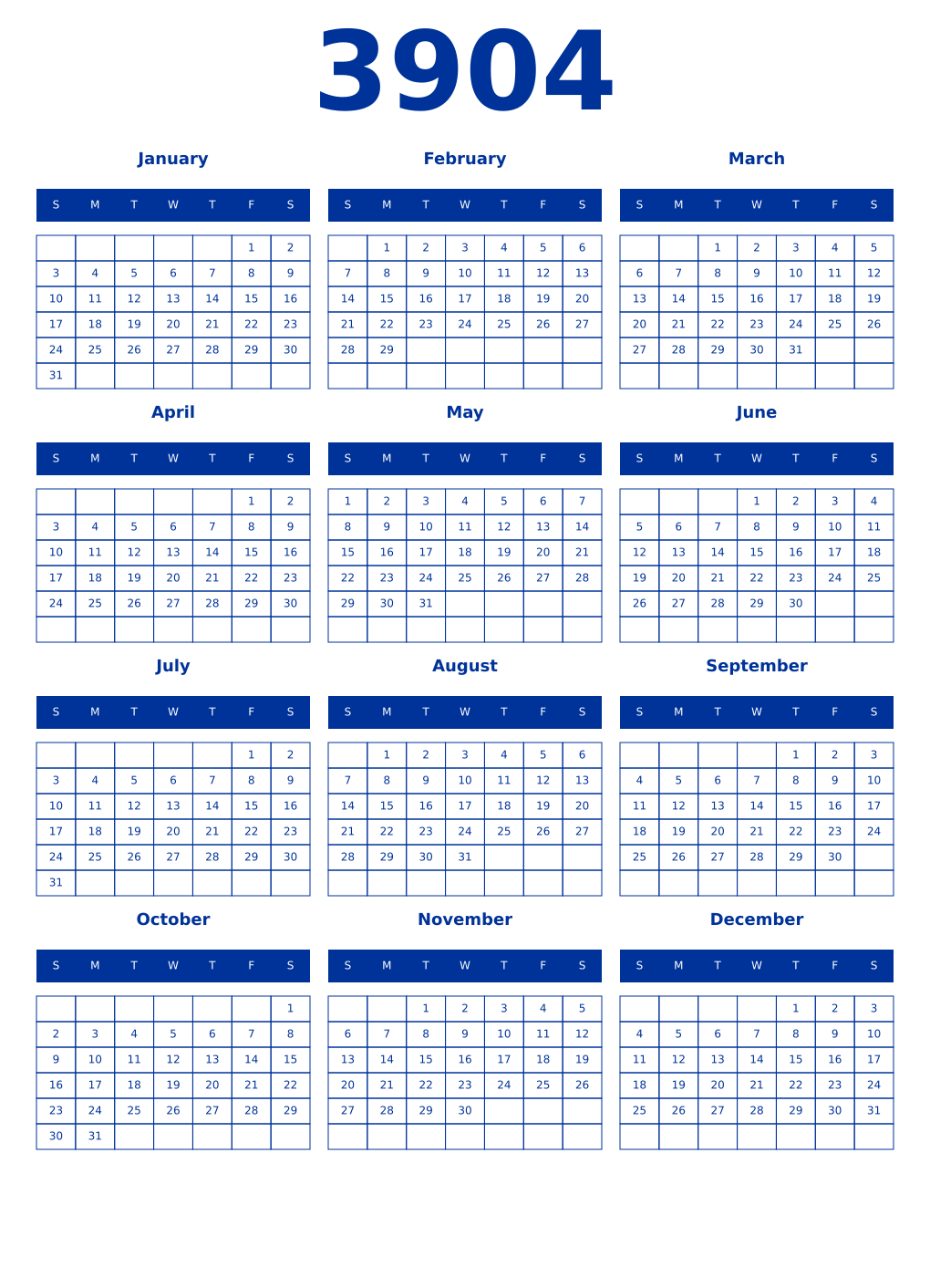 Printable 3904 Year Calendars smalt