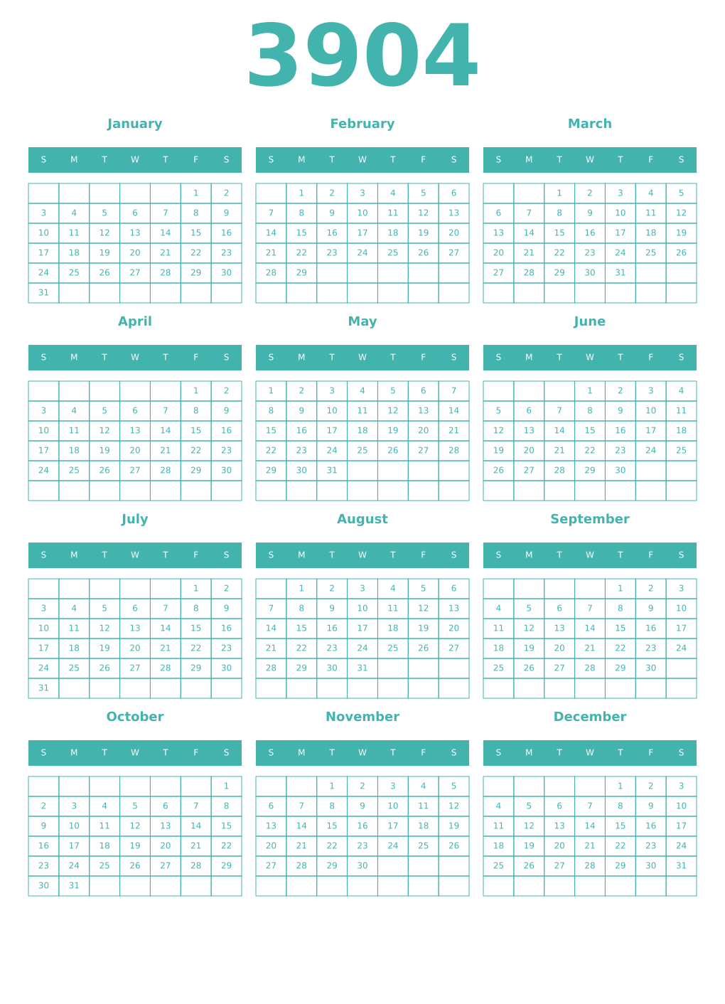 Printable 3904 Year Calendars verdigris