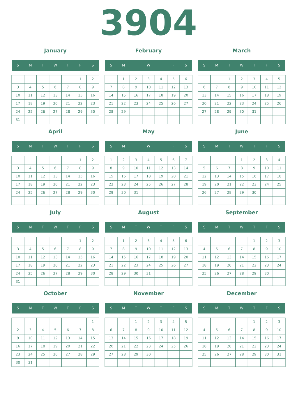 Printable 3904 Year Calendars viridian
