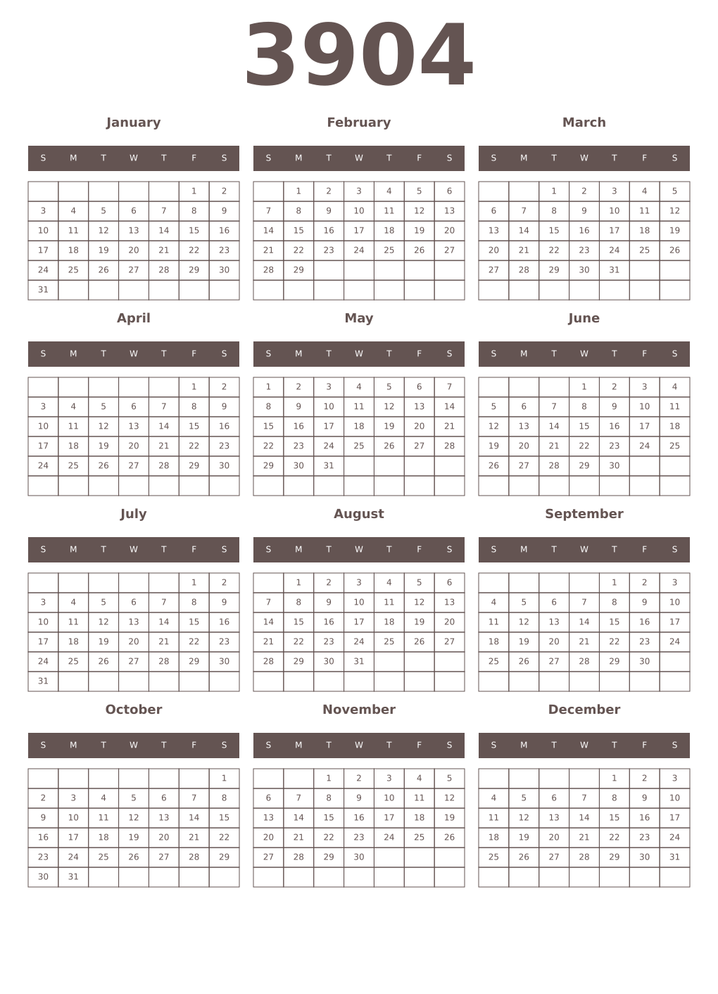 Printable 3904 Year Calendars wenge