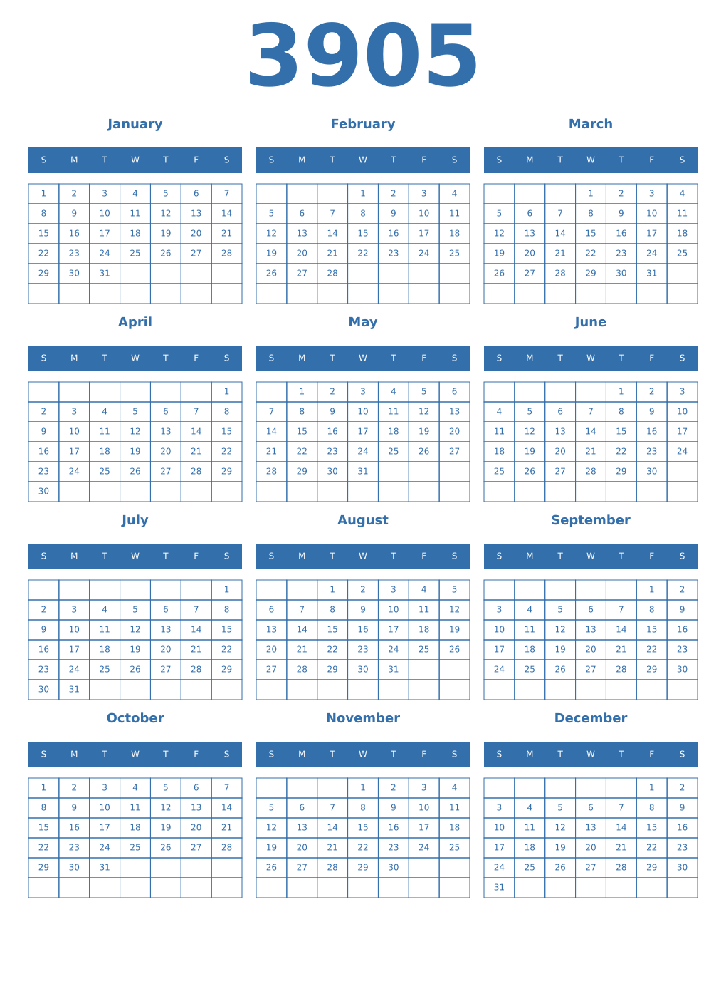 Printable 3905 Year Calendars blue