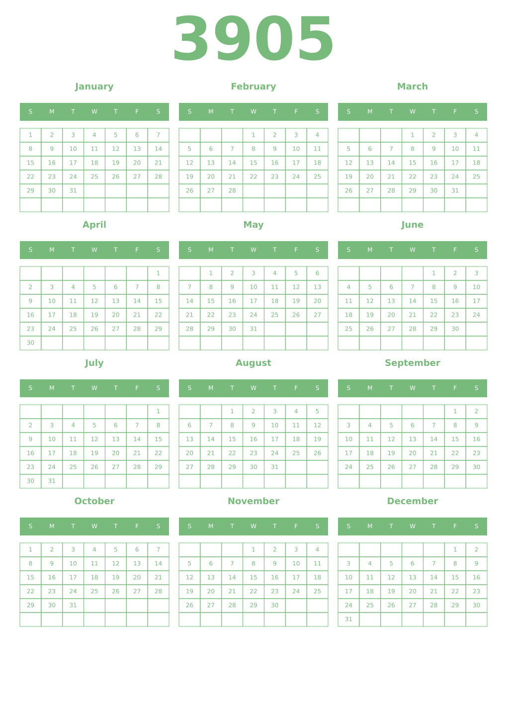 Printable 3905 Year Calendars celadon