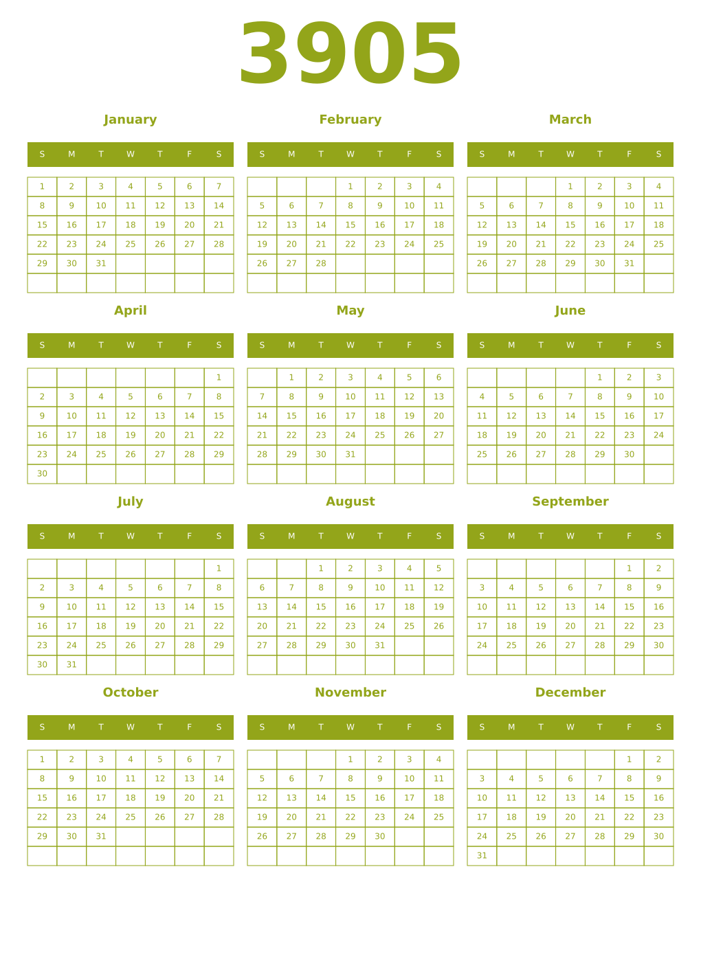 Printable 3905 Year Calendars chartreuse