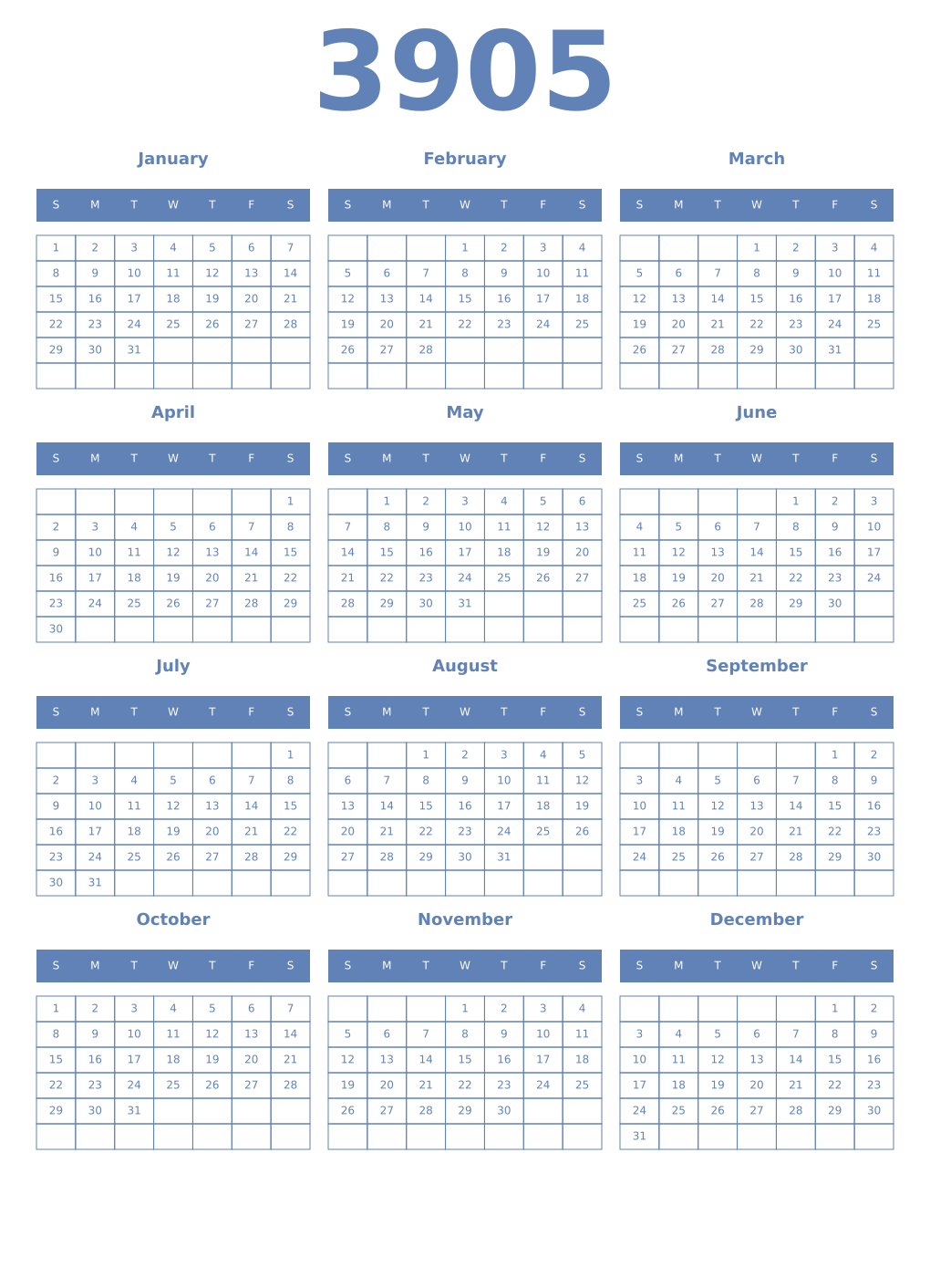Printable 3905 Year Calendars glaucous