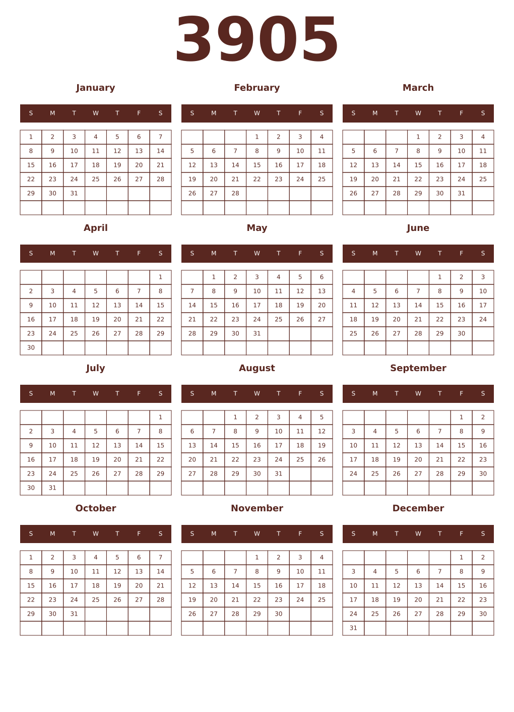 Printable 3905 Year Calendars mortuum