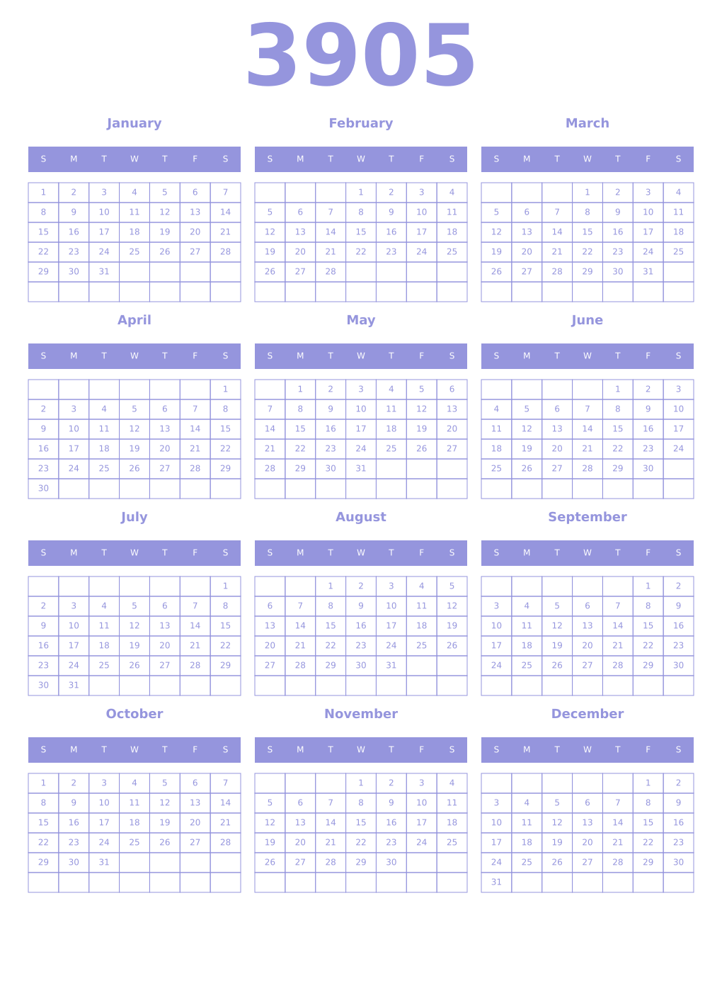 Printable 3905 Year Calendars periwinkle