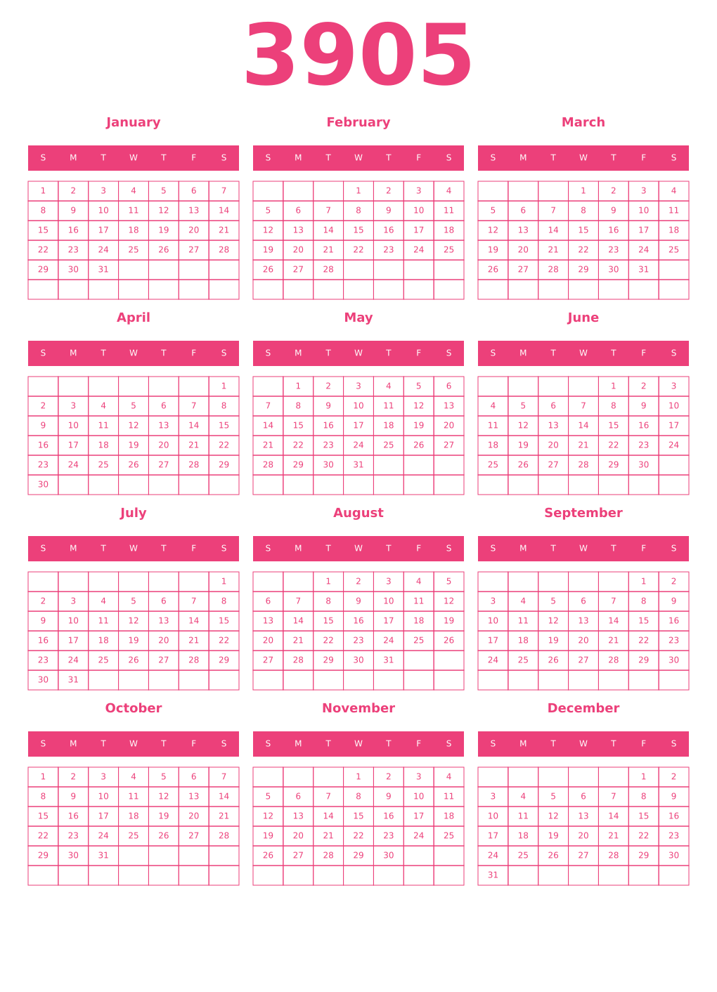 Printable 3905 Year Calendars pink
