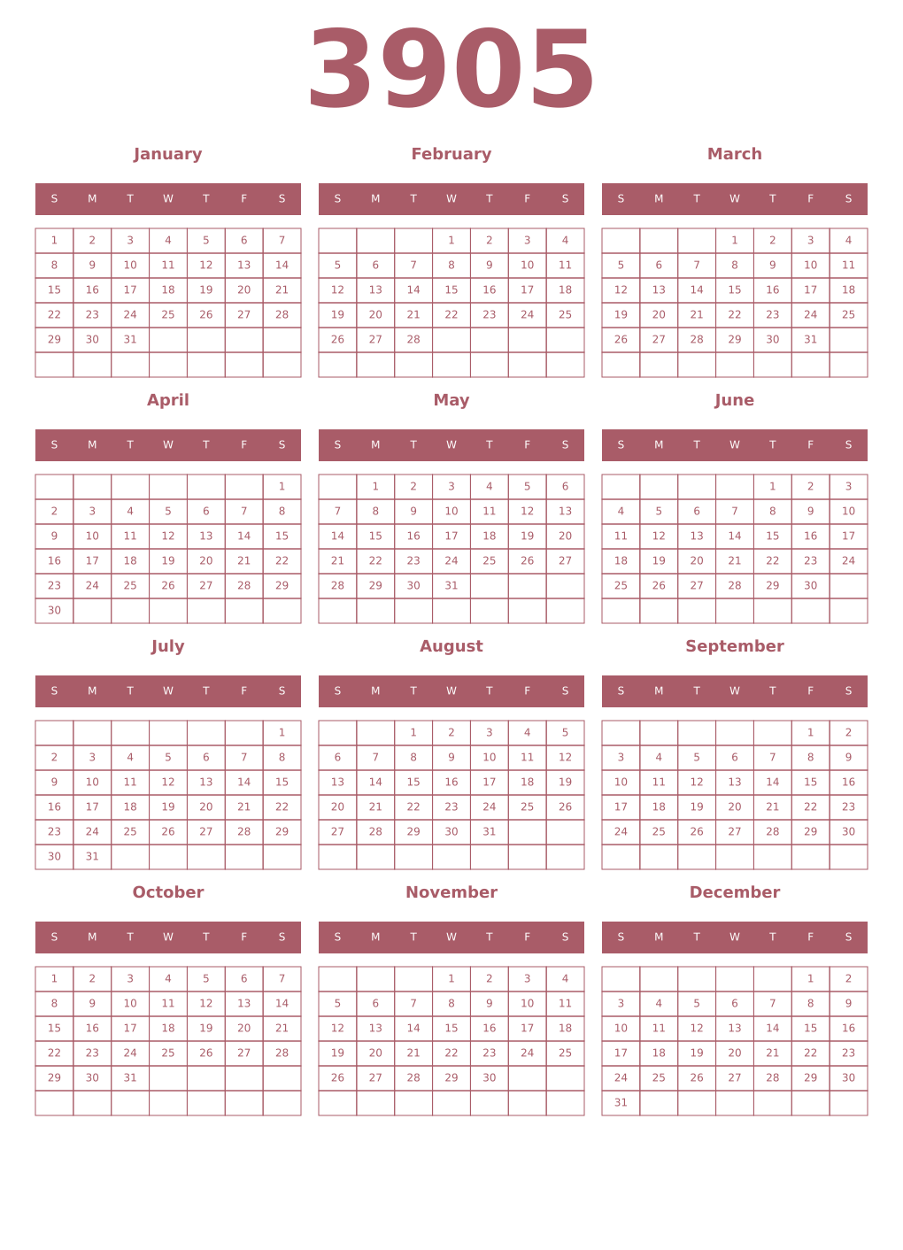 Printable 3905 Year Calendars puce
