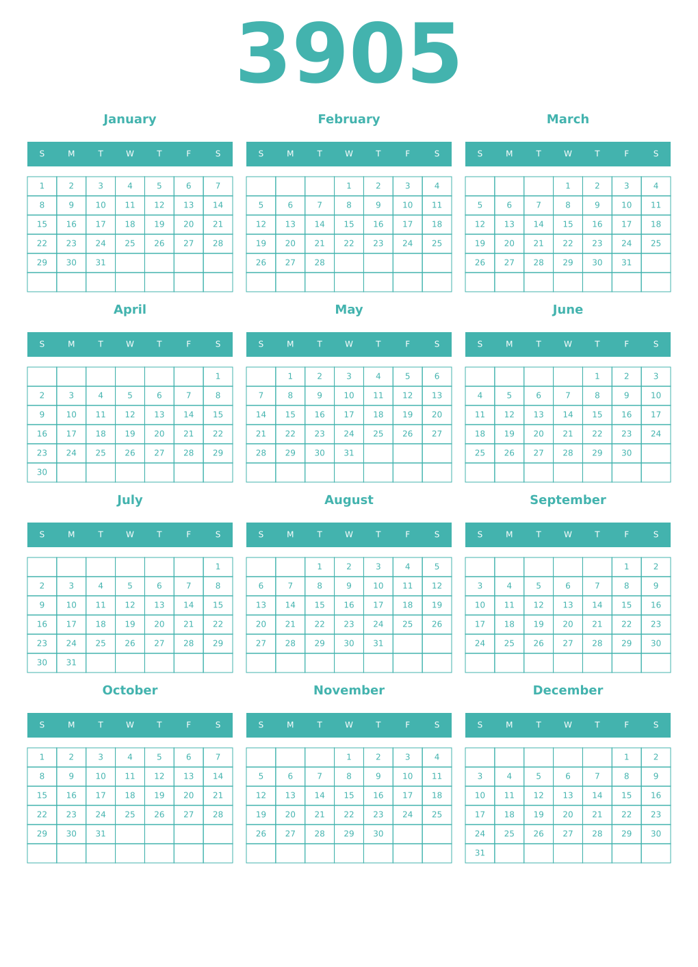 Printable 3905 Year Calendars verdigris