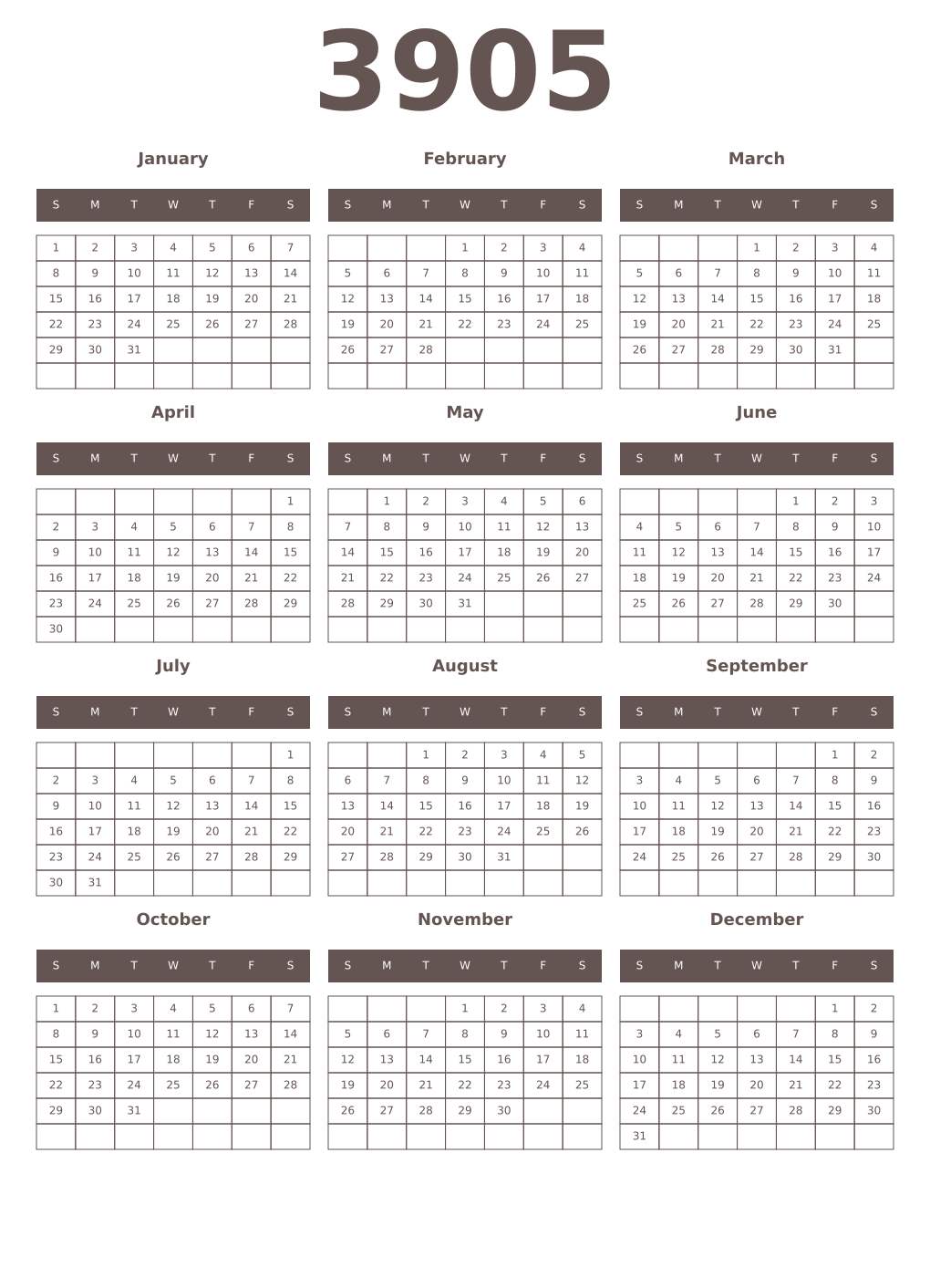 Printable 3905 Year Calendars wenge