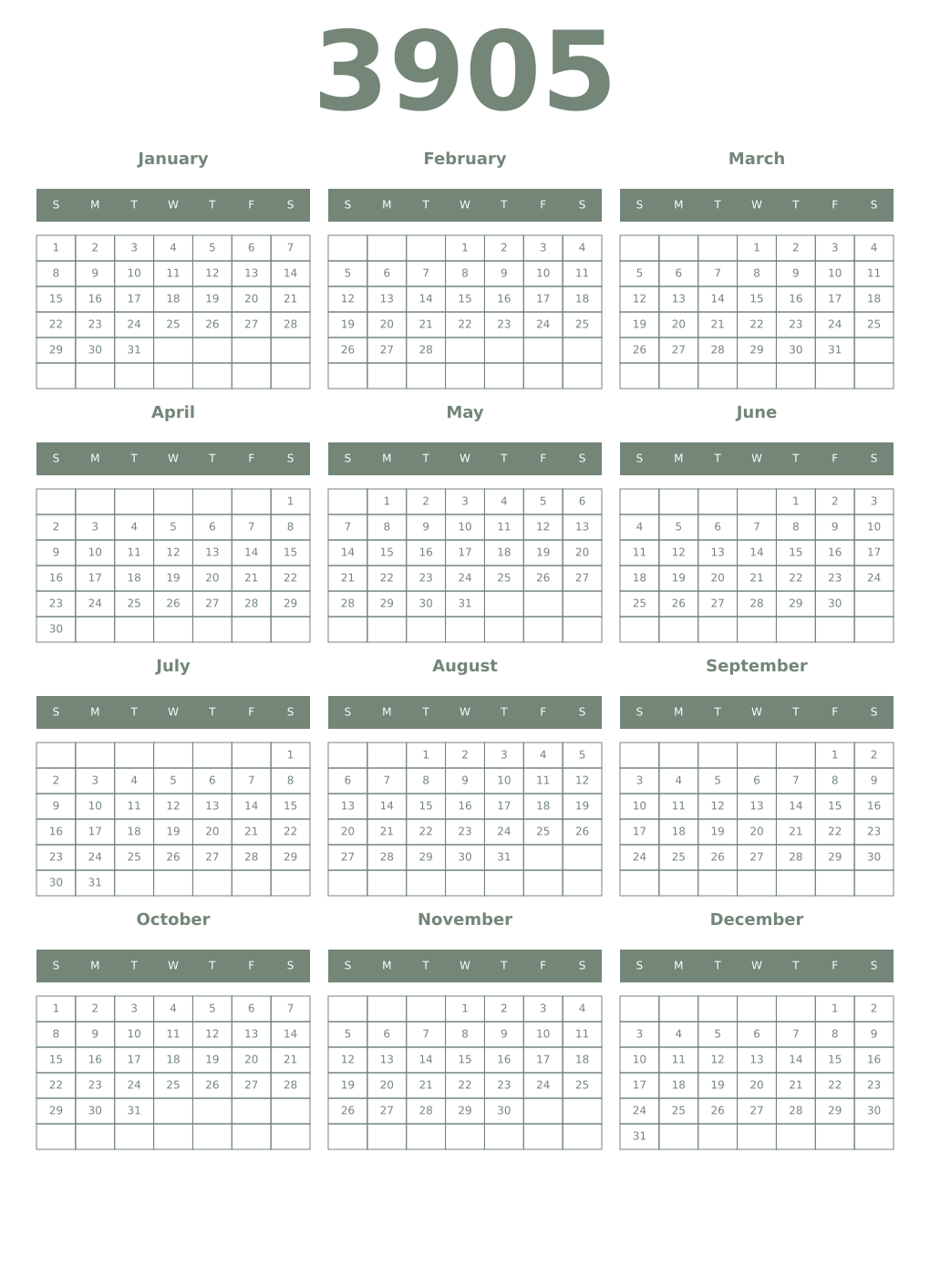 Printable 3905 Year Calendars xanadu