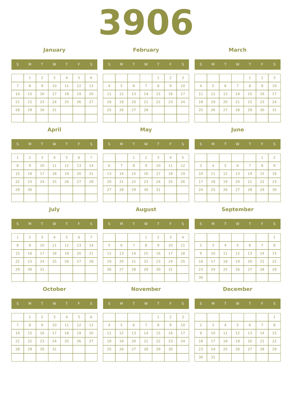 Printable 3906 Year Calendars eburnean