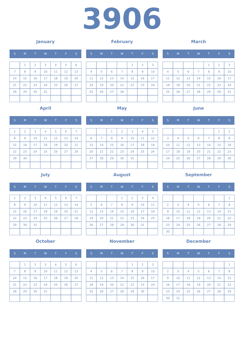 Printable 3906 Year Calendars glaucous