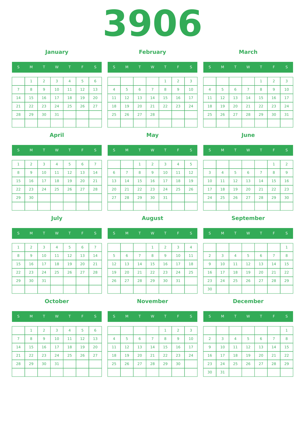 Printable 3906 Year Calendars green