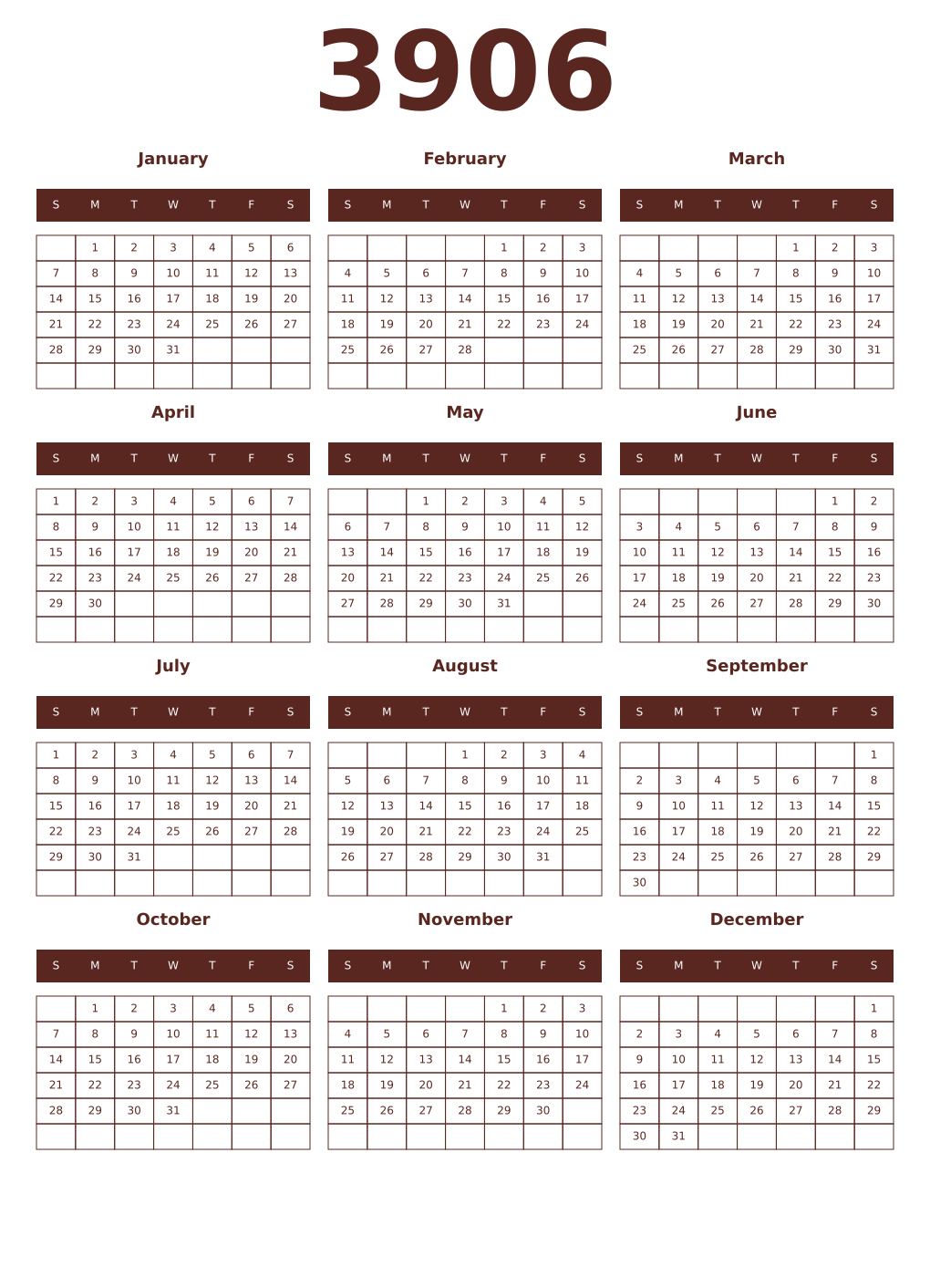Printable 3906 Year Calendars mortuum