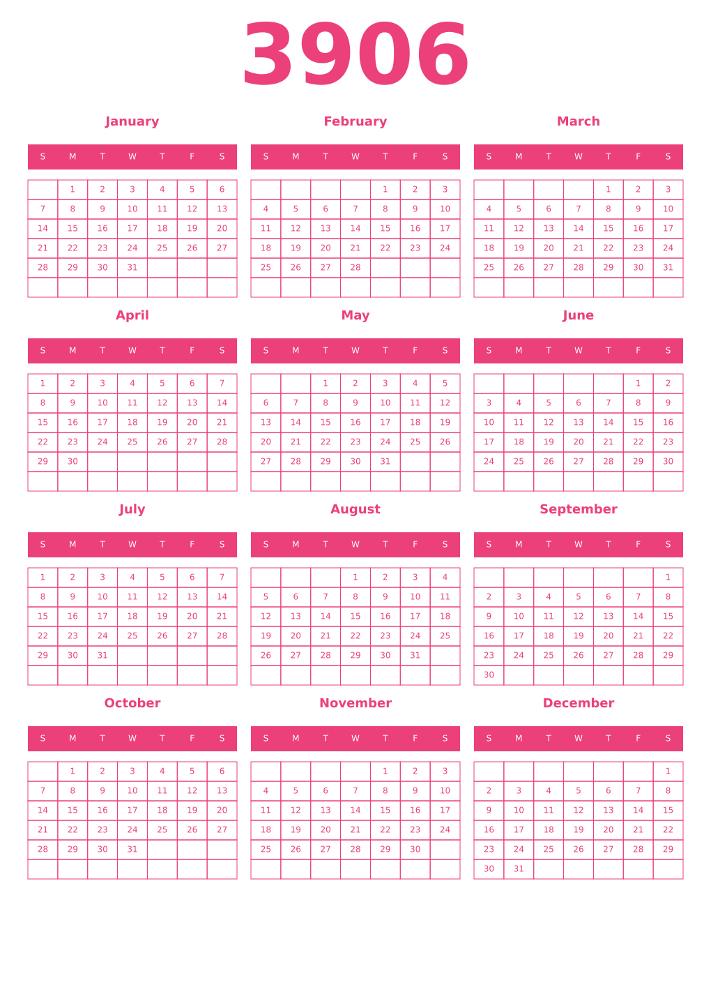 Printable 3906 Year Calendars pink