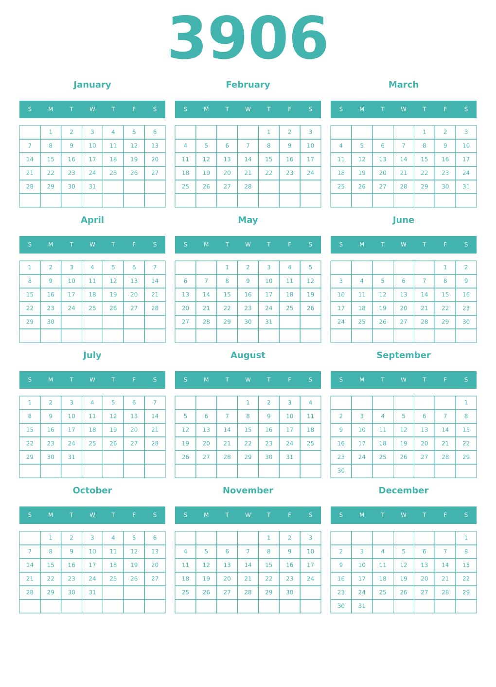 Printable 3906 Year Calendars verdigris