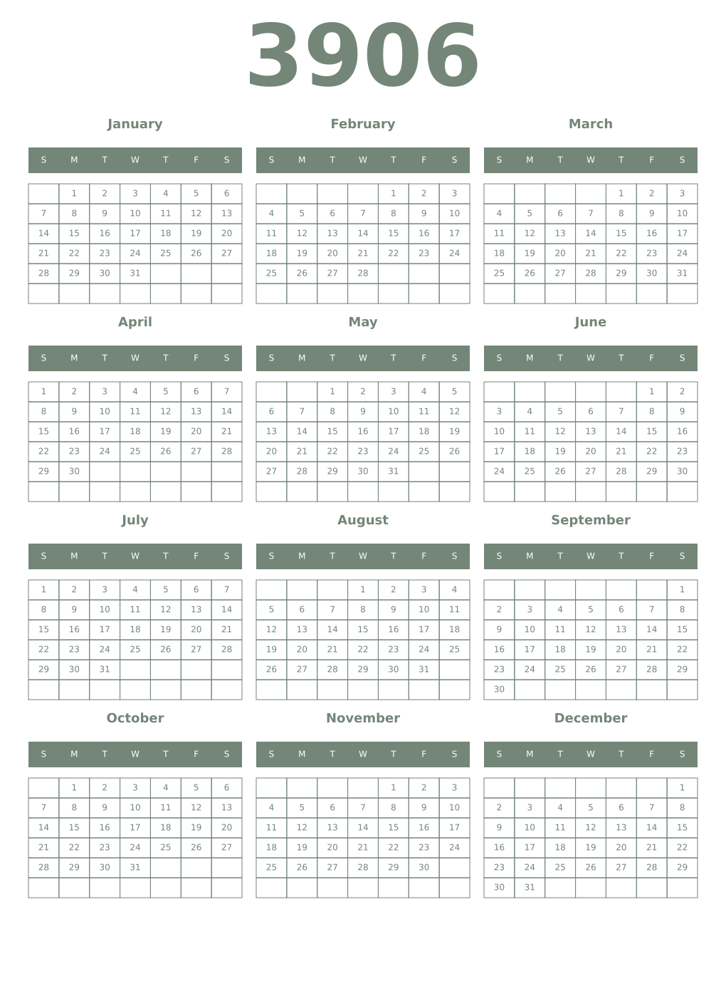 Printable 3906 Year Calendars xanadu