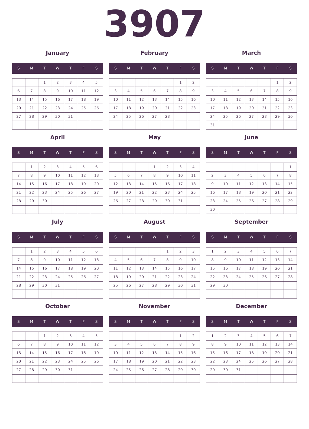 Printable 3907 Year Calendars aubergine