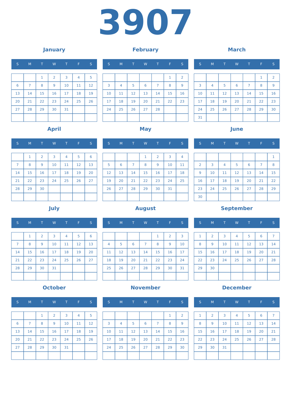 Printable 3907 Year Calendars blue