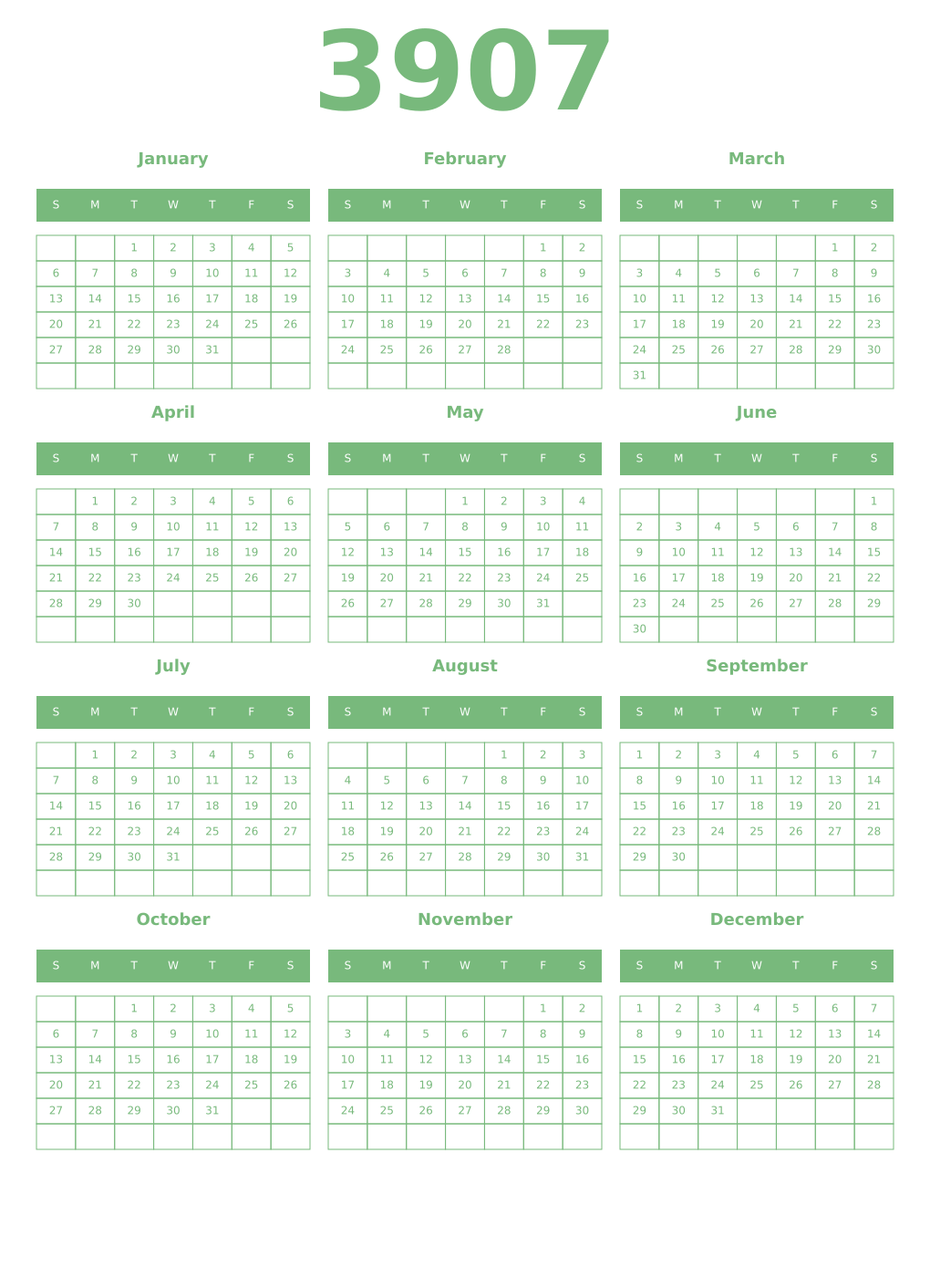 Printable 3907 Year Calendars celadon