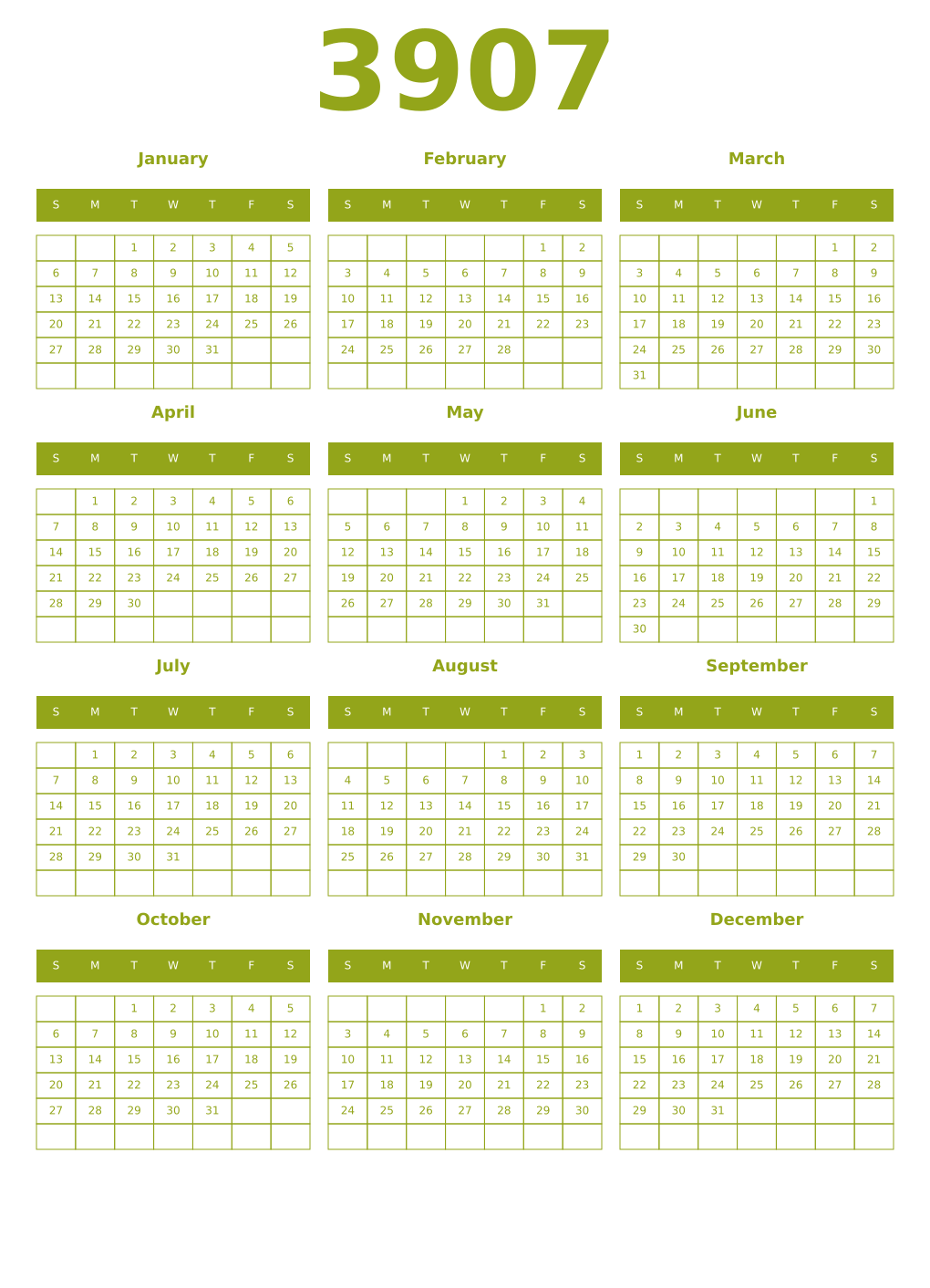 Printable 3907 Year Calendars chartreuse