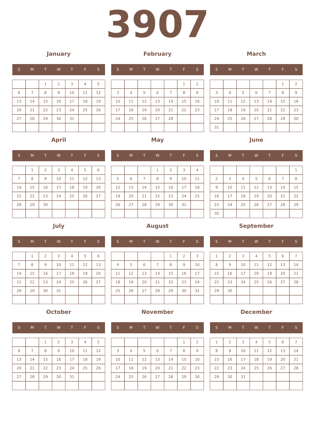 Printable 3907 Year Calendars coffe