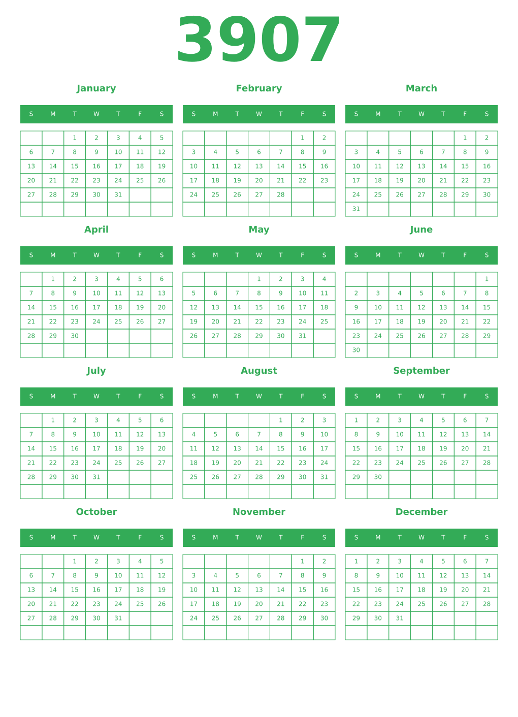 Printable 3907 Year Calendars green