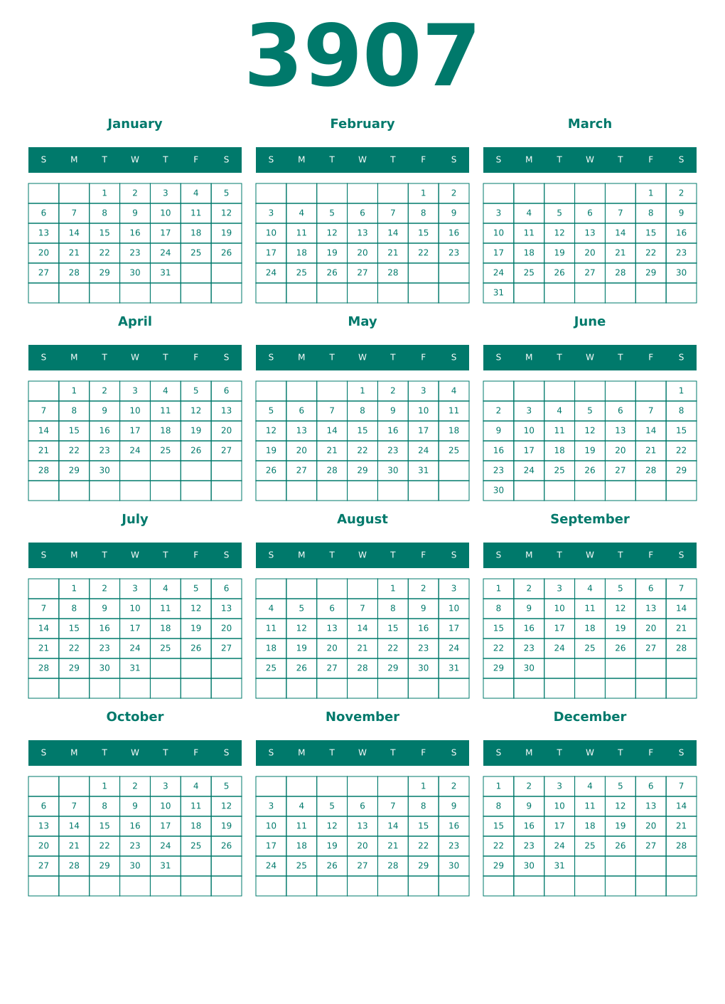 Printable 3907 Year Calendars pastel