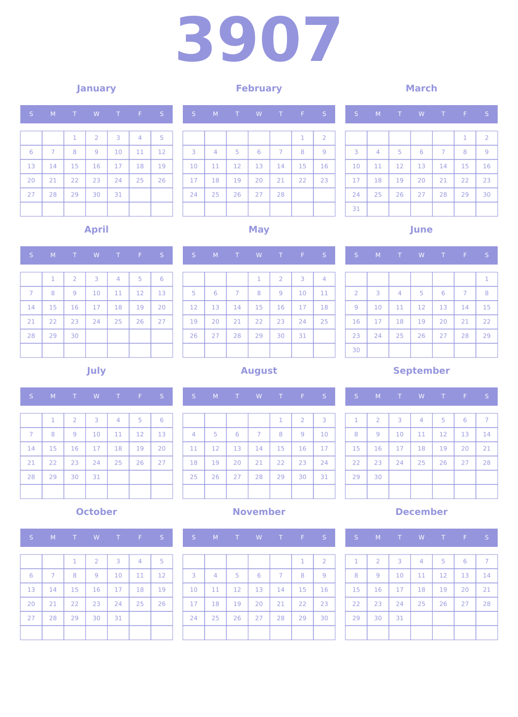 Printable 3907 Year Calendars periwinkle