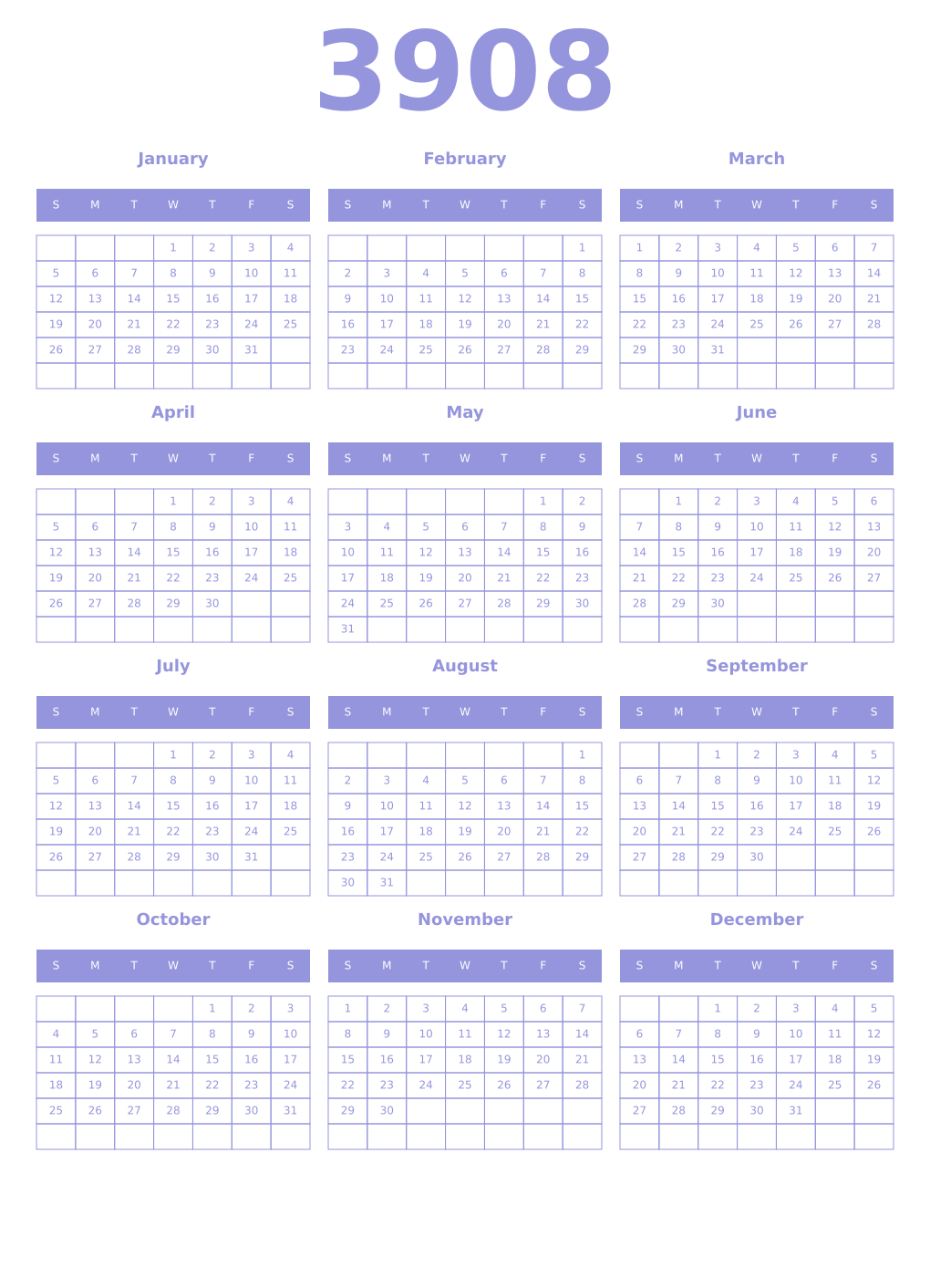 Printable 3908 Year Calendars periwinkle