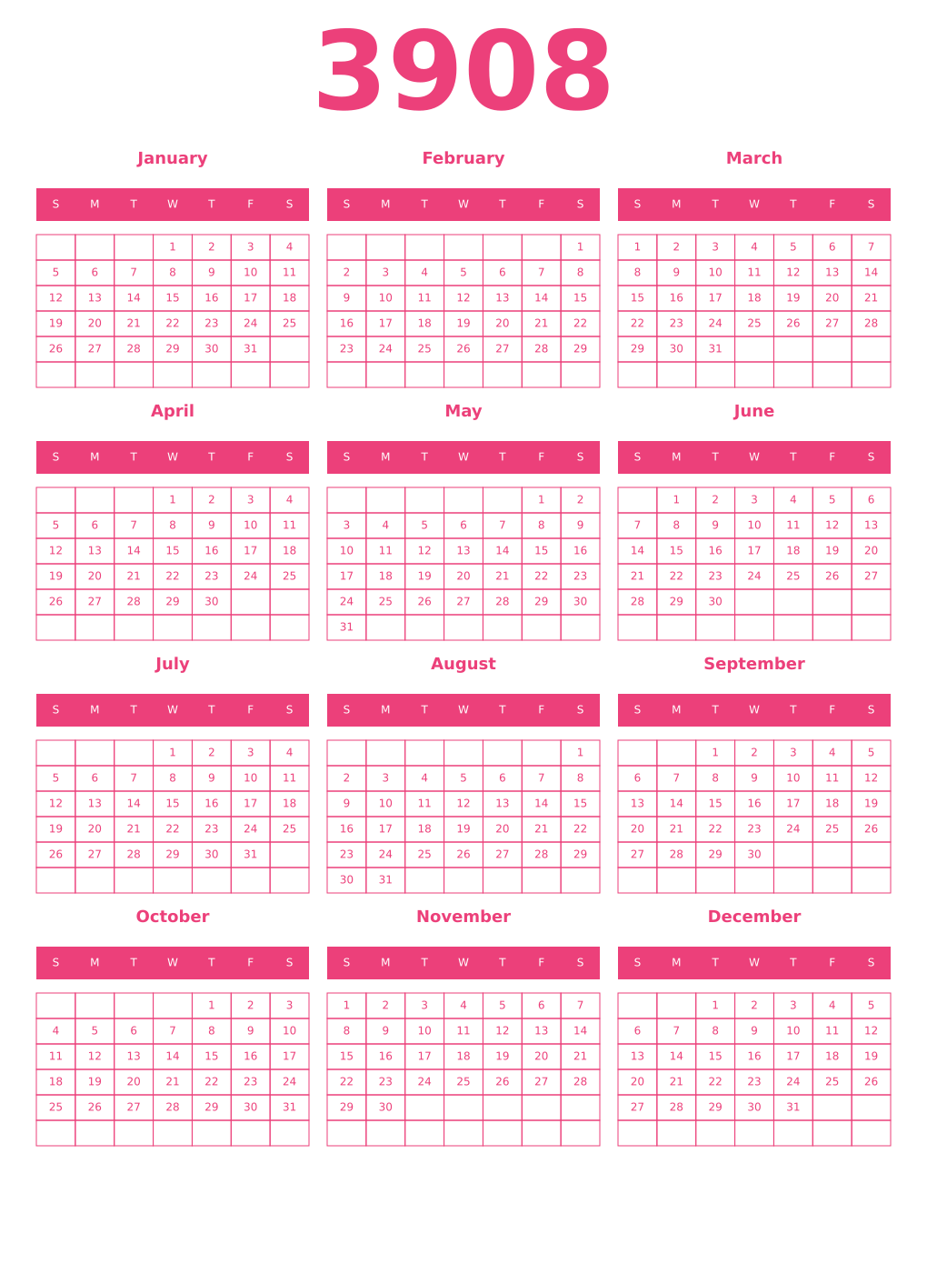 Printable 3908 Year Calendars pink