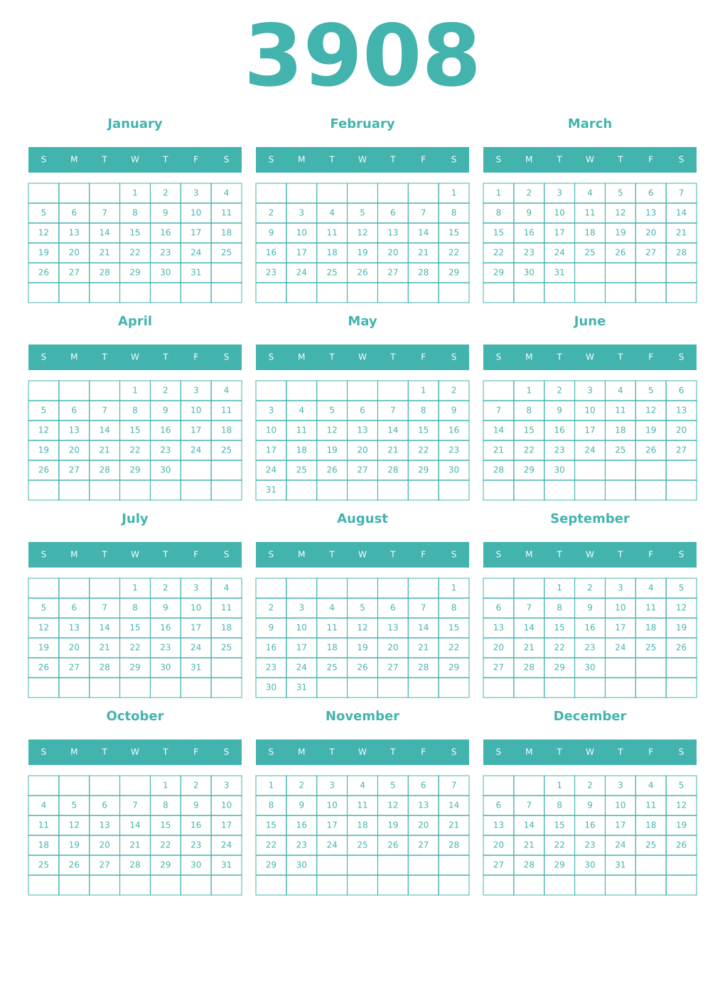 Printable 3908 Year Calendars verdigris
