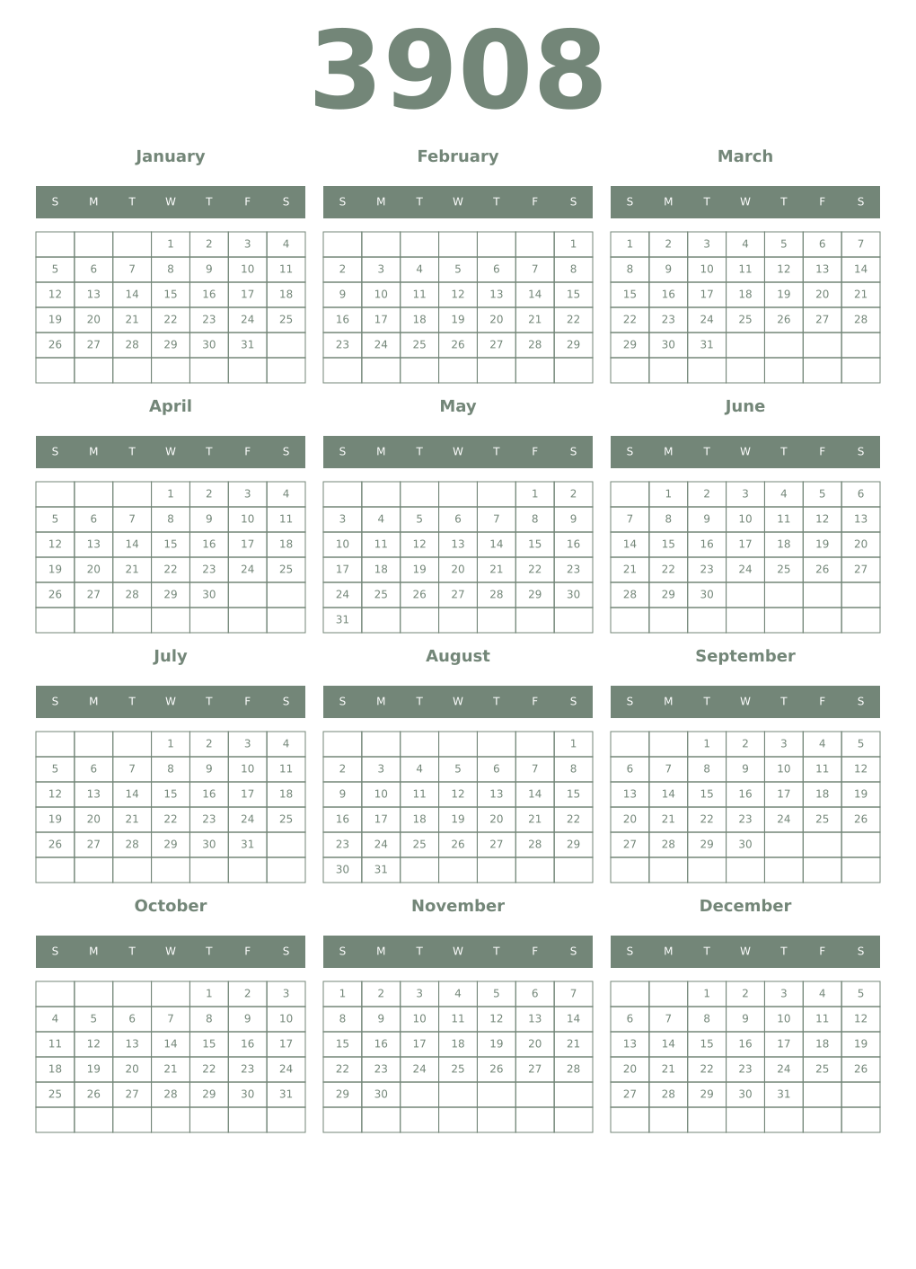 Printable 3908 Year Calendars xanadu