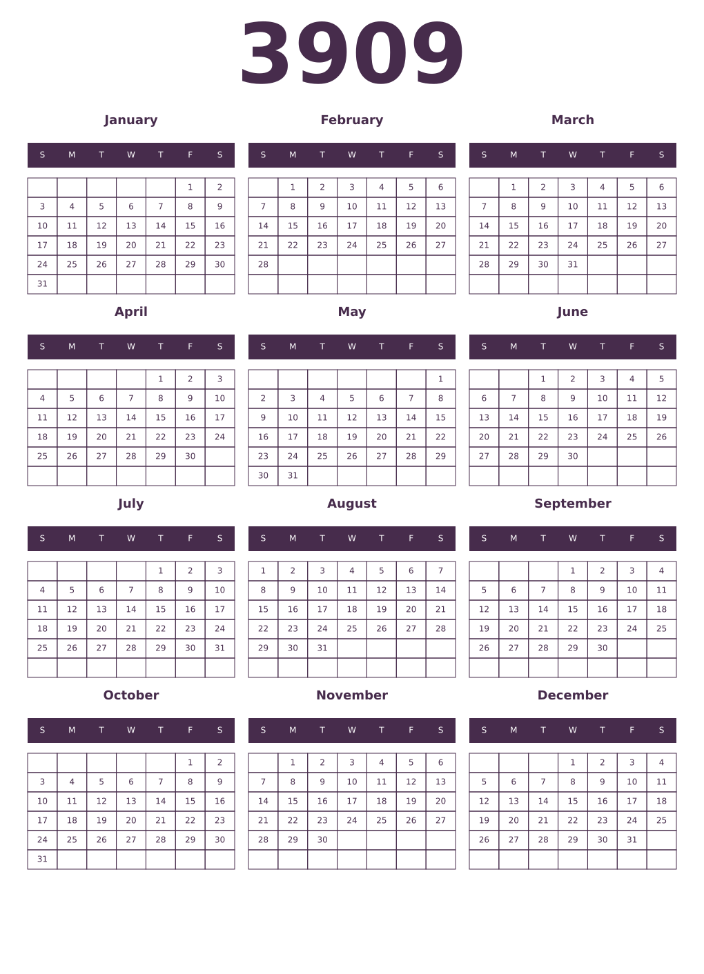 Printable 3909 Year Calendars aubergine