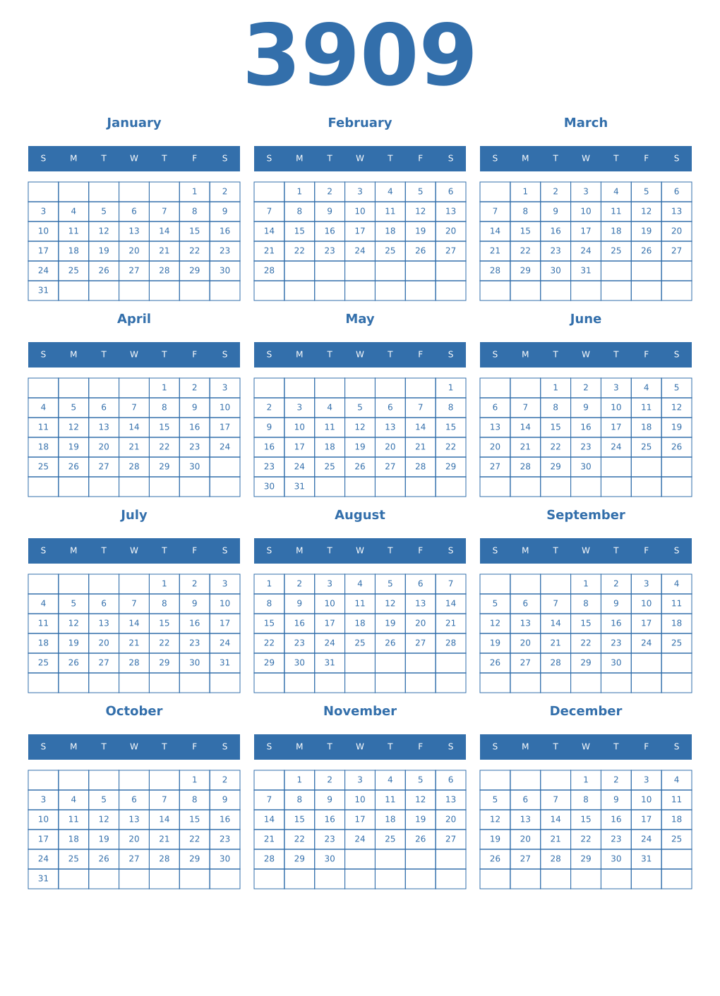 Printable 3909 Year Calendars blue