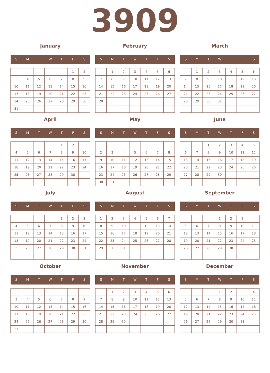 Printable 3909 Year Calendars coffe