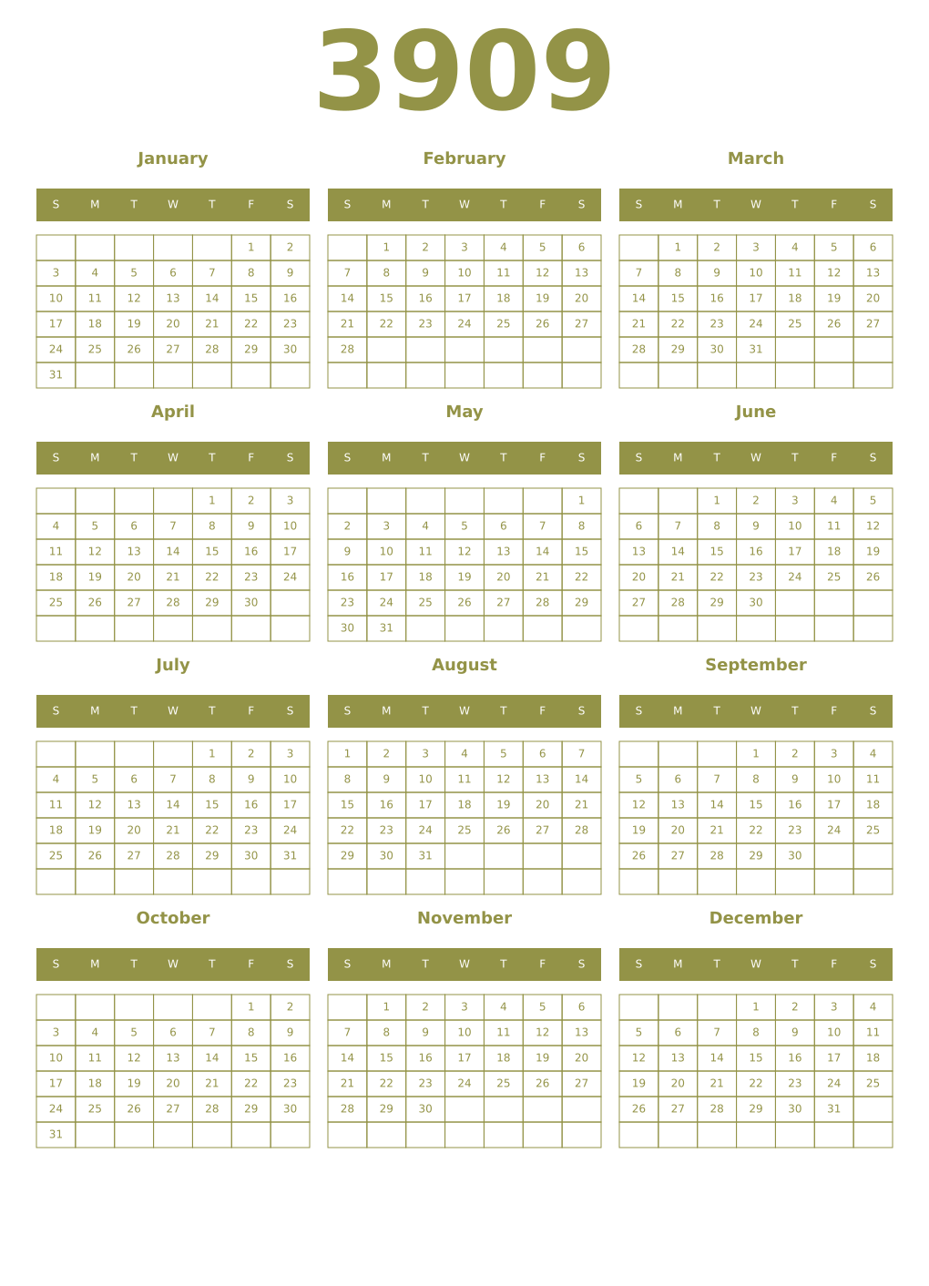 Printable 3909 Year Calendars eburnean