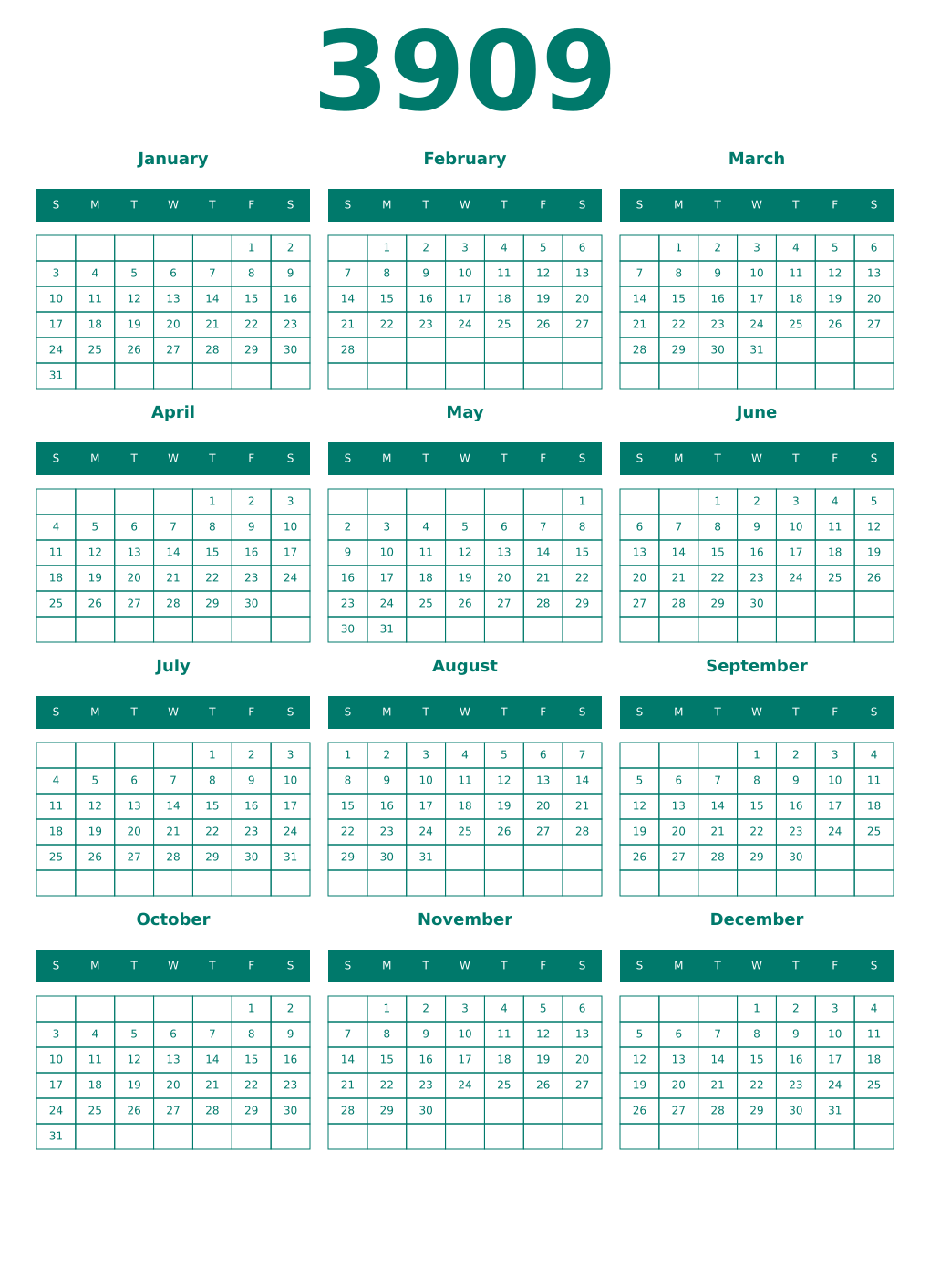 Printable 3909 Year Calendars pastel