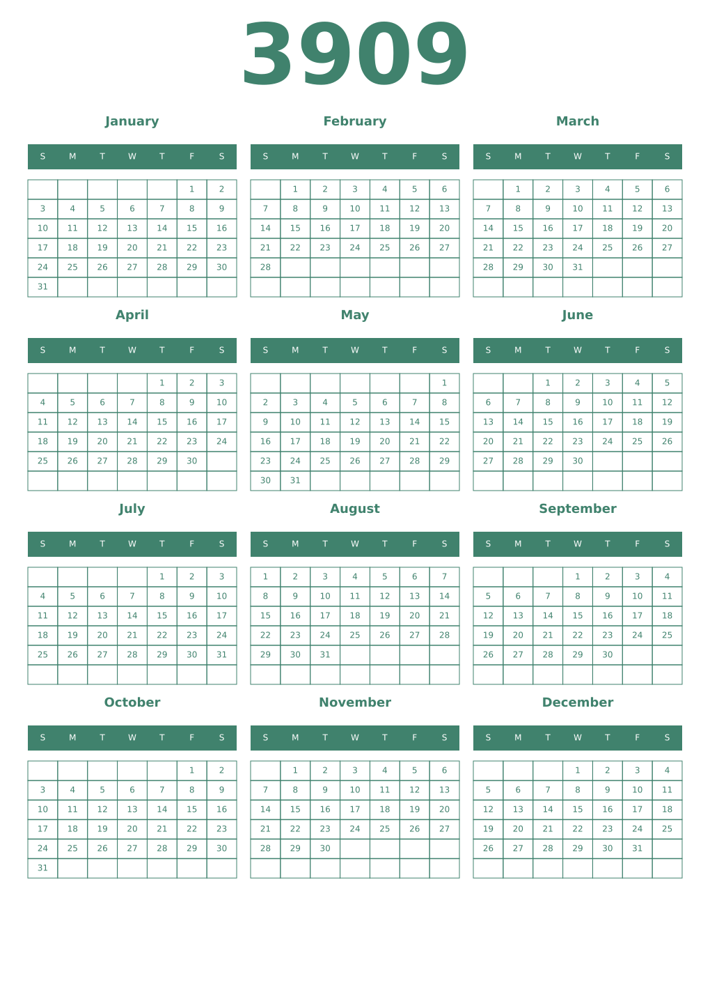 Printable 3909 Year Calendars viridian