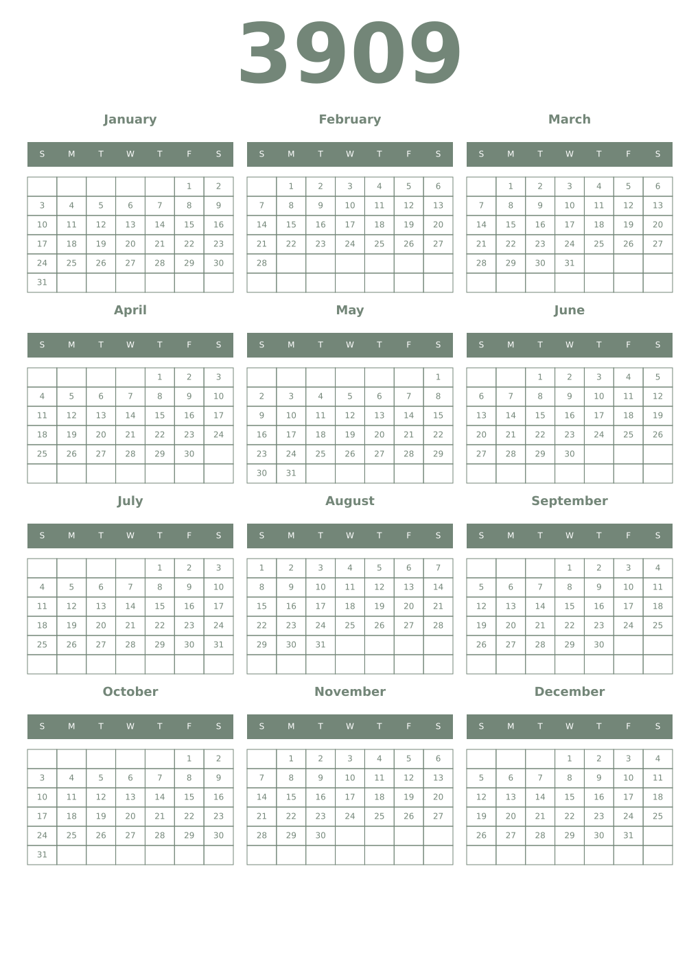 Printable 3909 Year Calendars xanadu