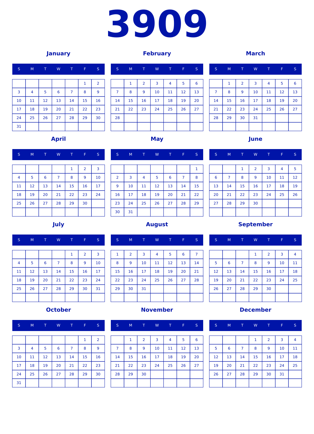 Printable 3909 Year Calendars zaffre