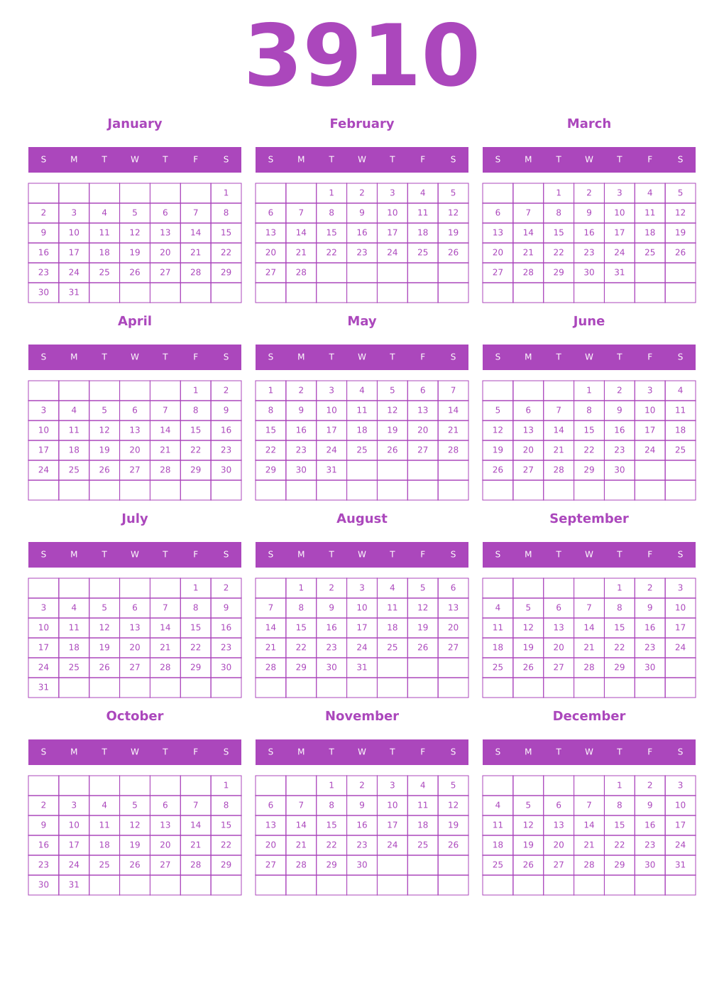 Printable 3910 Calendars