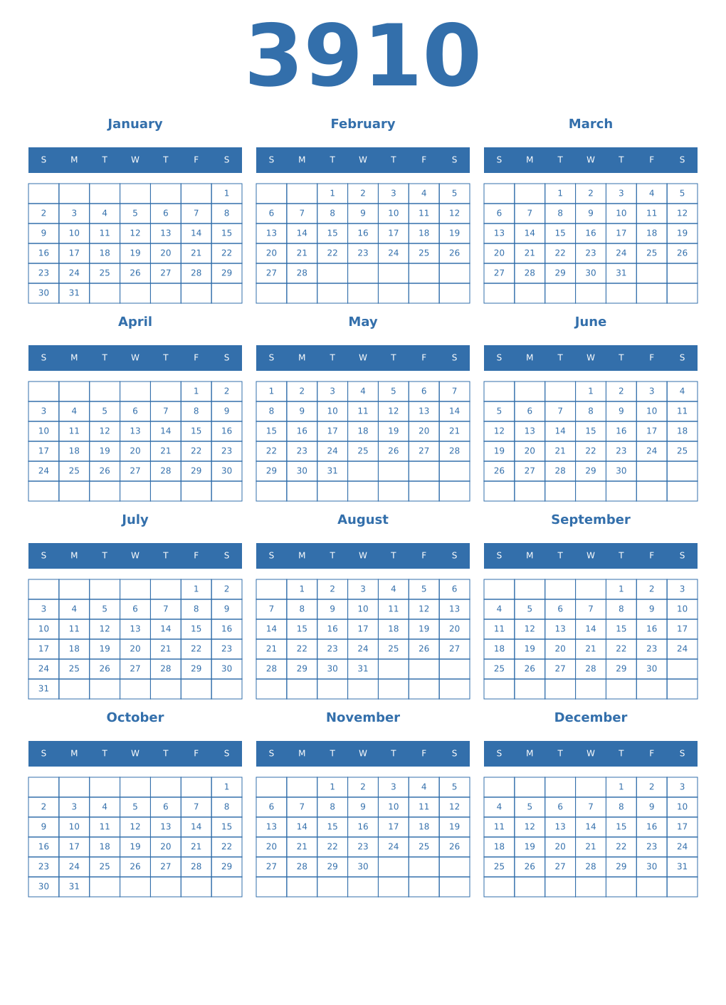 Printable 3910 Year Calendars blue