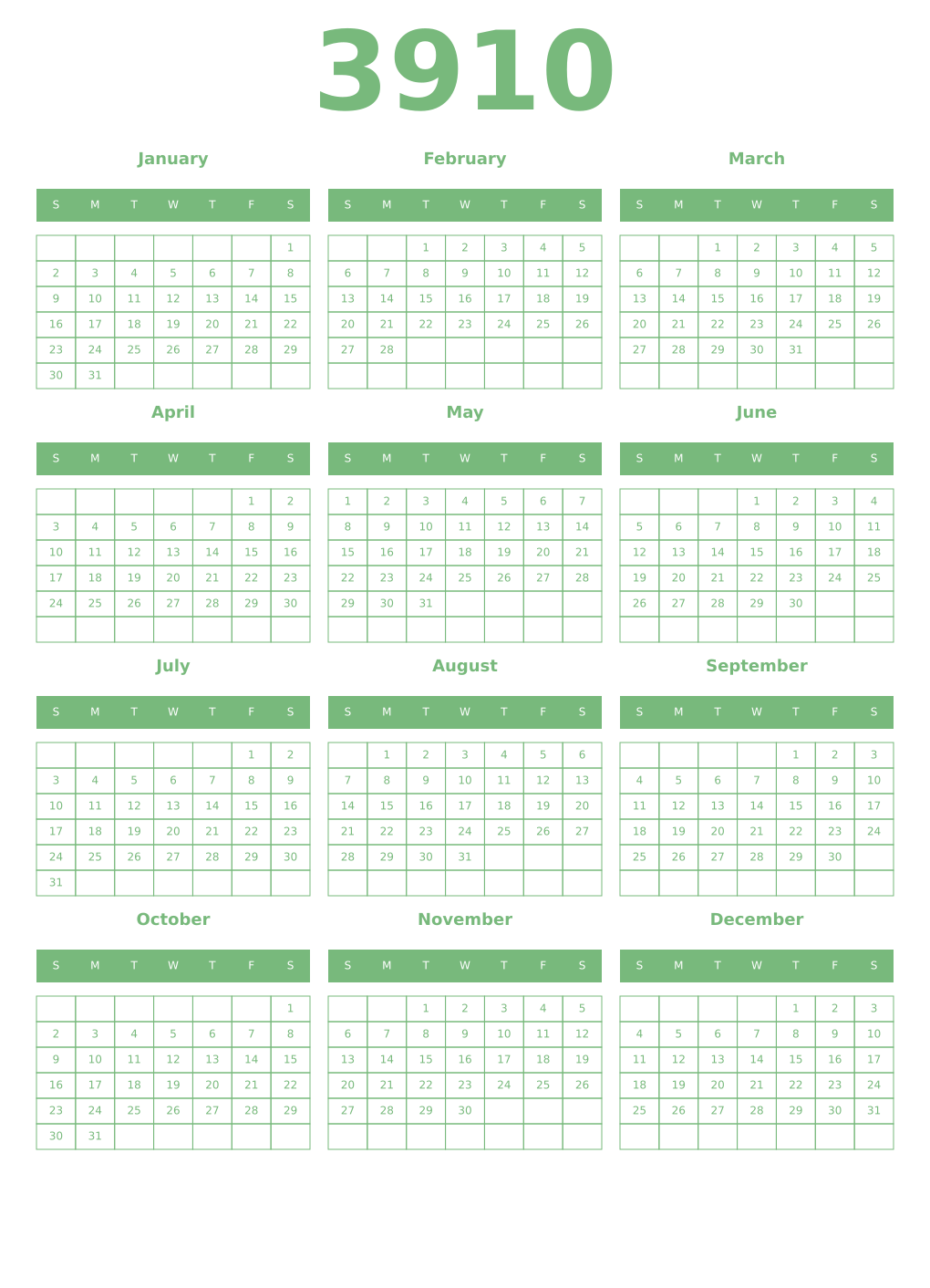 Printable 3910 Year Calendars celadon