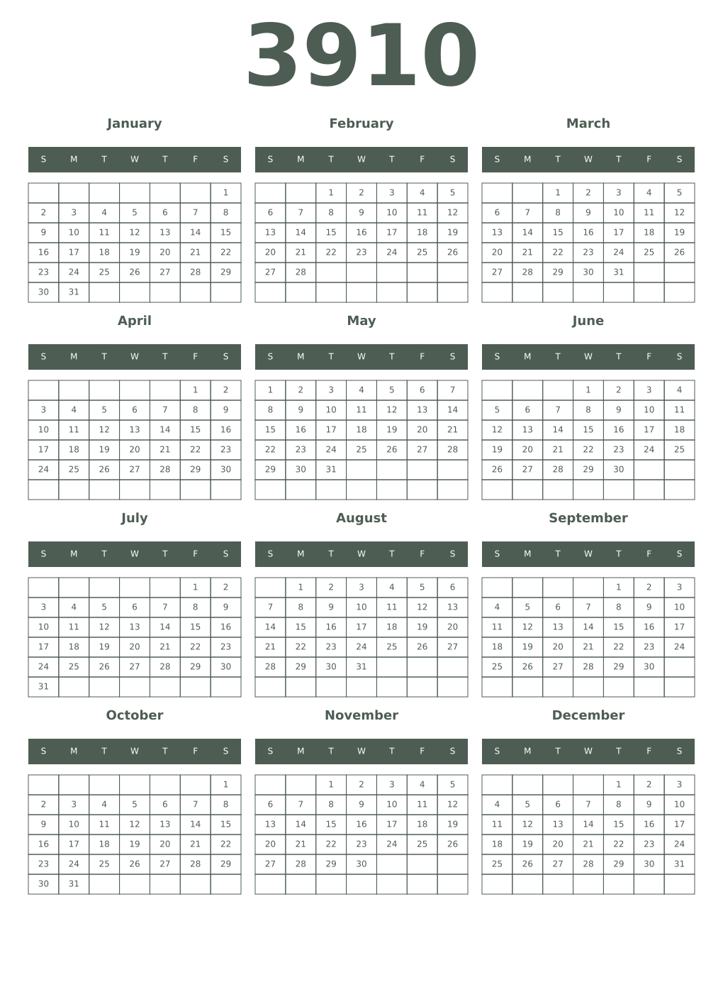 Printable 3910 Year Calendars feldgrau