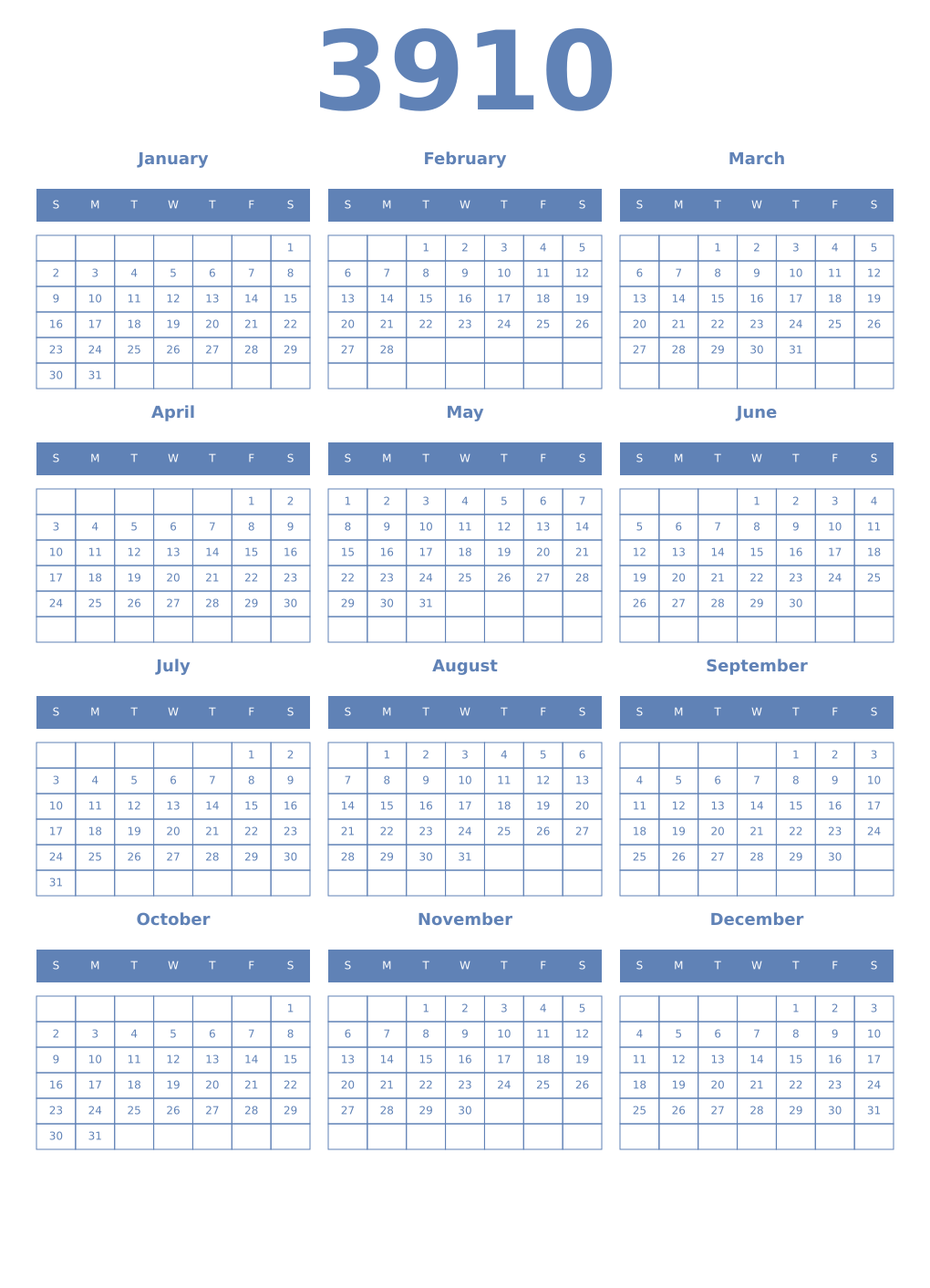 Printable 3910 Year Calendars glaucous